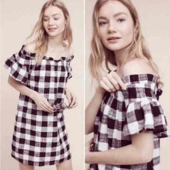 Anthropologie Corey Lynn Calter Gingham Plaid Off the Shoulder Mini Dress - Picture 2 of 12